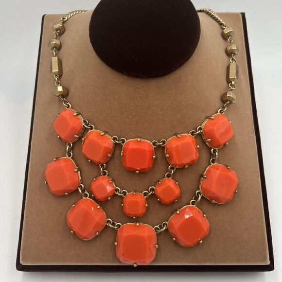 Stella & Dot Necklace Orange Chunky Bright Statement Olivia Bib Gold Extender - Picture 1 of 5